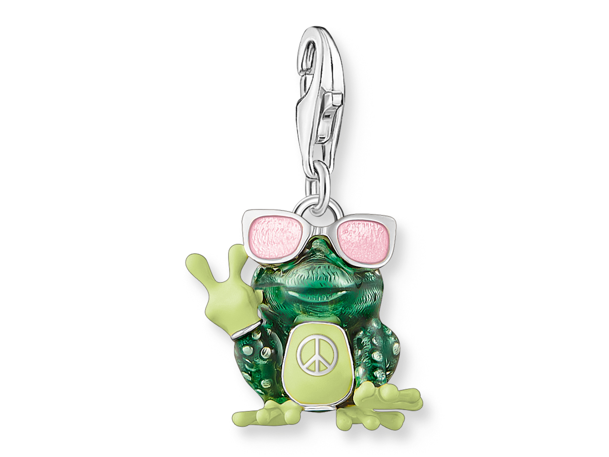 Frosch mit Sonnenbrille in bunten Farben, begeistert mit einem friedlichen Zeichen auf dem Bauch, hochwertiger Charm-Anhänger von Thomas Sabo, Modell 2215-691-7, Neuheit As We Are.