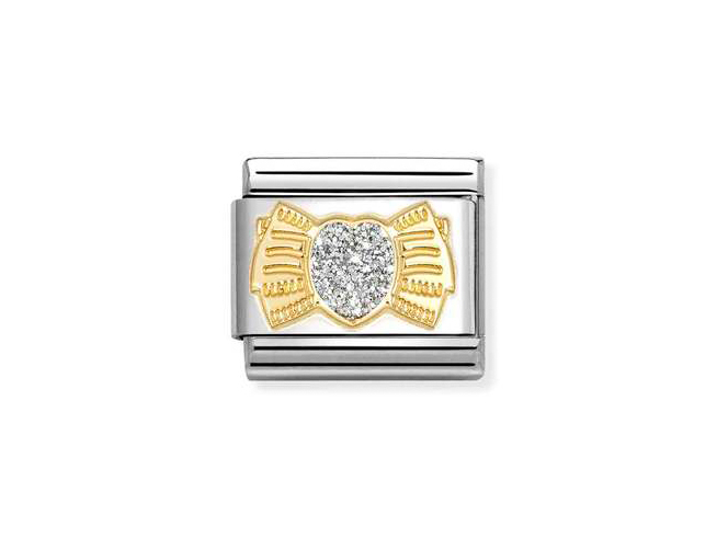 Ein Classic Glitter Symbol aus 585 Gelbgold und Emaille in Form einer Herzschleife, umgeben von einem silberfarbenen Grund. Ideal für eine modische Ergänzung.