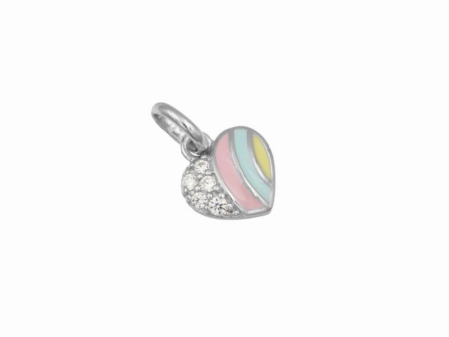 Bunter Anhänger in Herzform aus rhodiniertem Sterling Silber mit Lack in Pastellfarben und glitzernden Ziersteinen, geeignet für Kinder, hergestellt von Juwelier Harnisch.