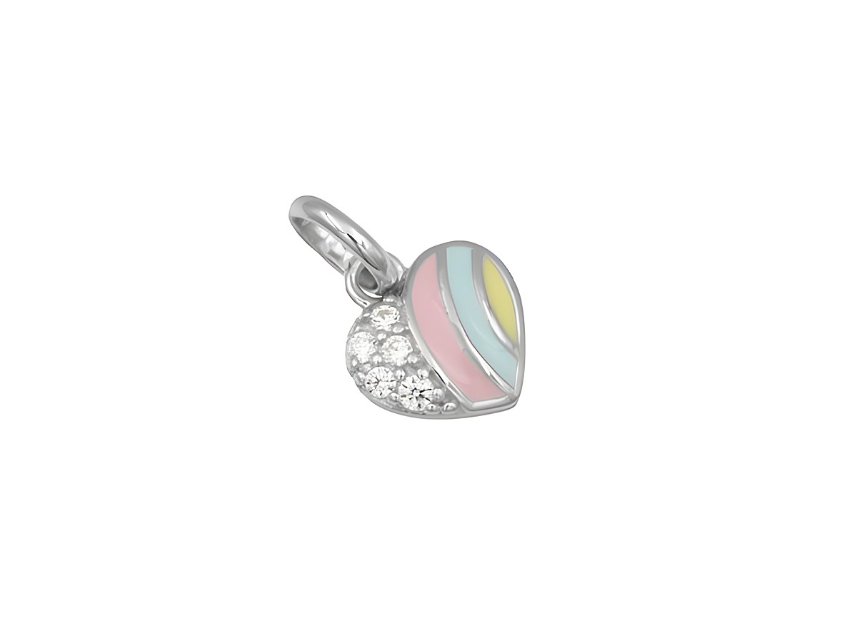 Bunter Anhänger in Herzform aus rhodiniertem Sterling Silber mit Lack in Pastellfarben und glitzernden Ziersteinen, geeignet für Kinder, hergestellt von Juwelier Harnisch.