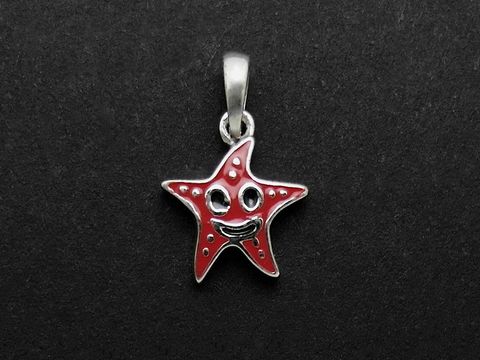 Seestern Silber Anhänger rhodiniert in rot und schwarz mit lachendem Gesicht, ideal als Schmuck für Kinder, Hersteller Juwelier Harnisch, perfekt für den Strand.