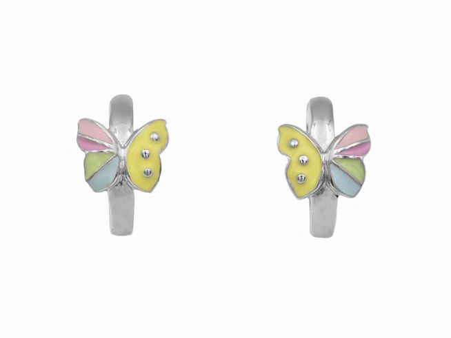 Creolen aus 1,2 cm Sterling Silber rhodiniert mit buntem Schmetterlingslack, ideal für Kinder, Hersteller Juwelier Harnisch. Farbige Schmetterlingsmotive verleihen einen verspielten Look.