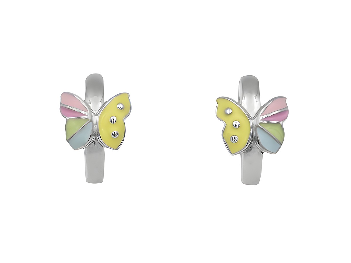 Creolen aus 1,2 cm Sterling Silber rhodiniert mit buntem Schmetterlingslack, ideal für Kinder, Hersteller Juwelier Harnisch. Farbige Schmetterlingsmotive verleihen einen verspielten Look.