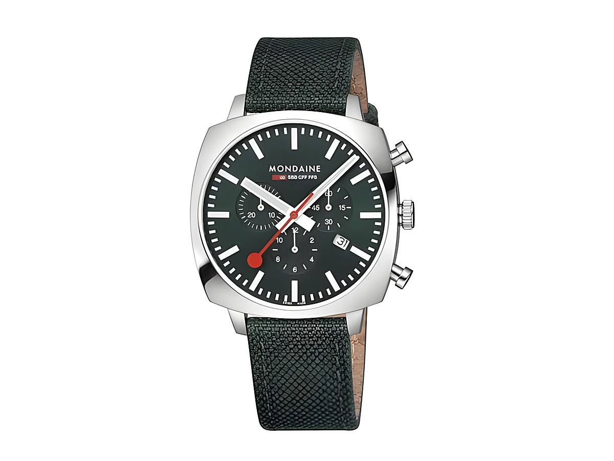 Mondaine Cushion MSL.41460.LF.SET 41 mm Armbanduhr mit grünem Ziffernblatt, chronographischen Funktionen und grünem Textilarmband in quadratischer Gehäuseform.