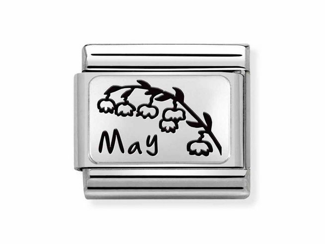 Silberner Charm aus Edelstahl mit einer Darstellung von Maiblumen und der Aufschrift Mai, geeignet für Nomination Armbänder, als Symbol für den Monat Mai und dessen Blumen.