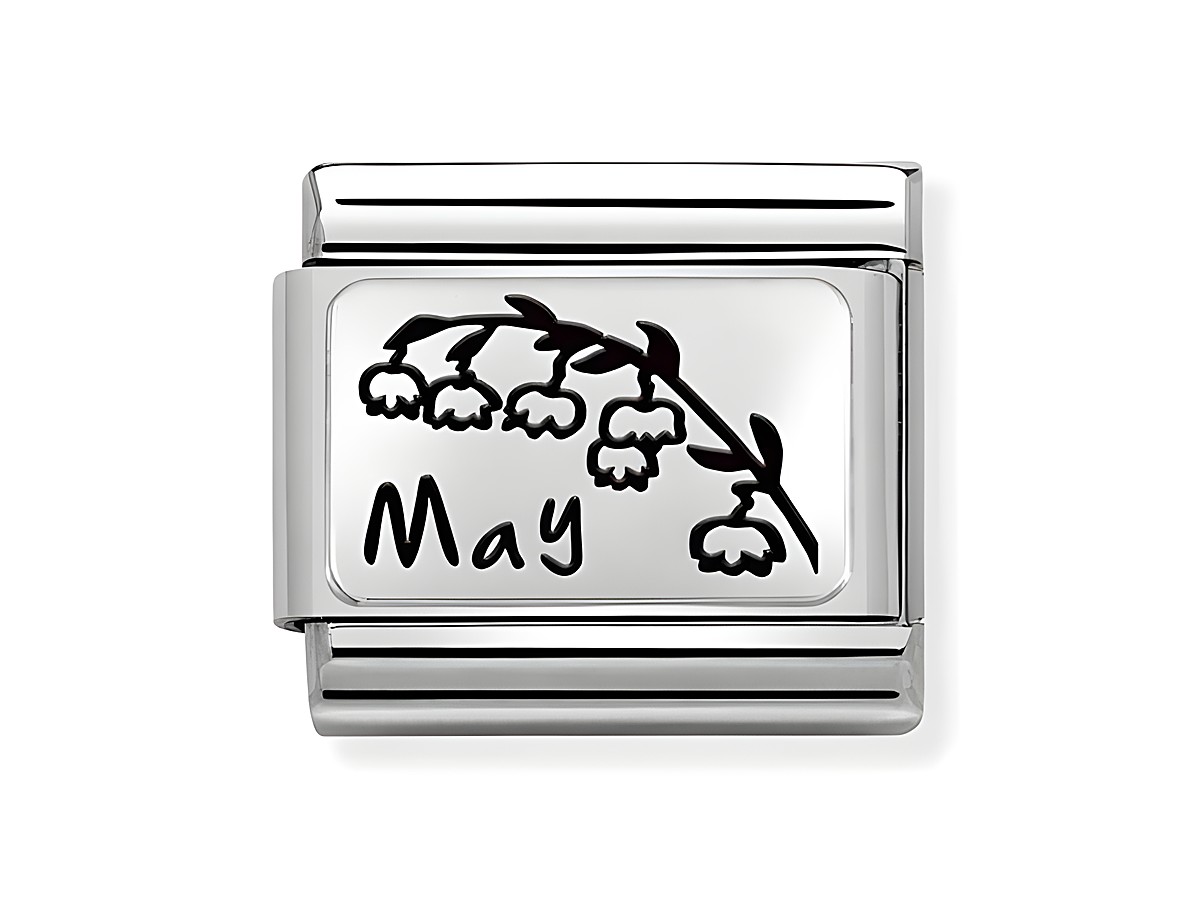 Silberner Charm aus Edelstahl mit einer Darstellung von Maiblumen und der Aufschrift Mai, geeignet für Nomination Armbänder, als Symbol für den Monat Mai und dessen Blumen.