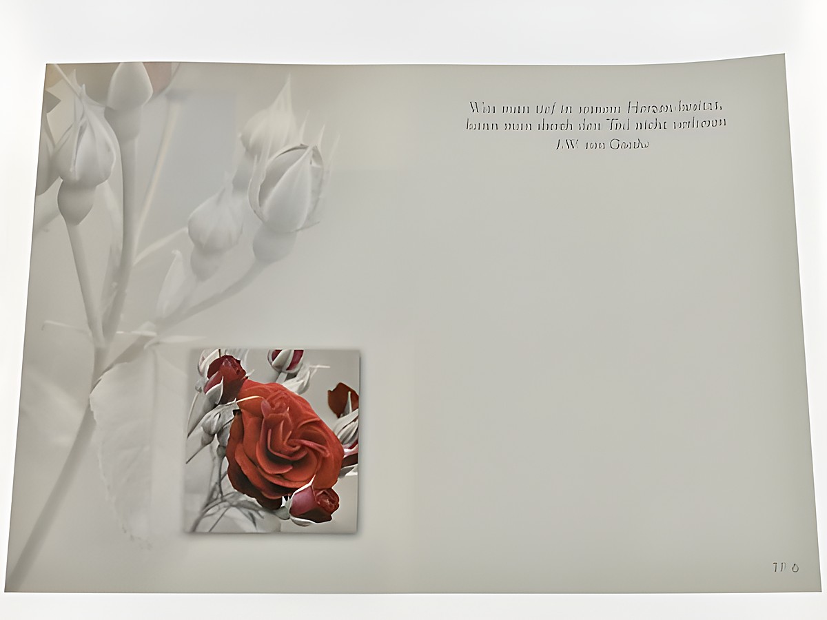 Trauerkarte mit Rosenmotiv, Hersteller Juwelier Harnisch. Die Innenseite zeigt das Zitat von Goethe und eine stilisierte Abbildung einer roten Rose auf blassem Hintergrund. – Ansicht 2