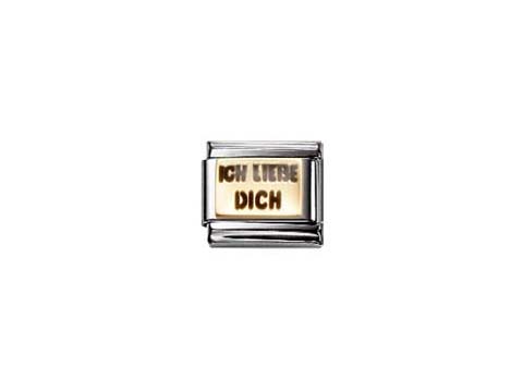 Der Charm zeigt die gravierte Inschrift "ICH LIEBE DICH" auf einer emaillierten Oberfläche in goldener Farbe, umrahmt von einem silberfarbenen Rahmen, ideal für eine persönliche Botschaft.