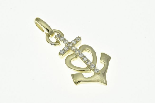 Glaube Liebe Hoffnung Anhänger aus Sterling Silber und Gelbgold mit Zirkonia, maritim inspiriertes Design in Form eines Ankers und Kreuzes, Hersteller Juwelier Harnisch.