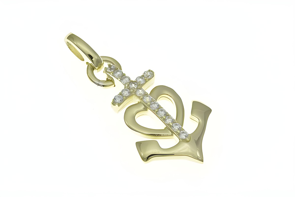 Glaube Liebe Hoffnung Anhänger aus Sterling Silber und Gelbgold mit Zirkonia, maritim inspiriertes Design in Form eines Ankers und Kreuzes, Hersteller Juwelier Harnisch.