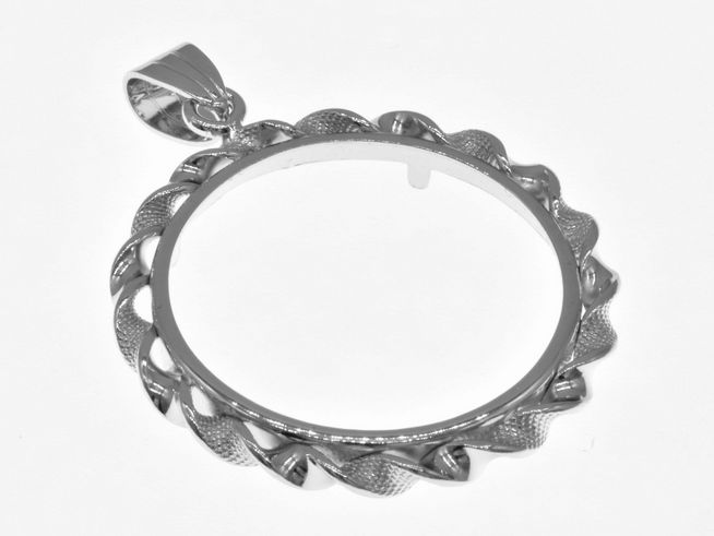 Münzfassung Anhänger aus 925 Sterling Silber rhodiniert, geeignet für Münzen mit bis zu 28 mm Durchmesser, elegant verarbeitet mit einer dekorativen Kordel.