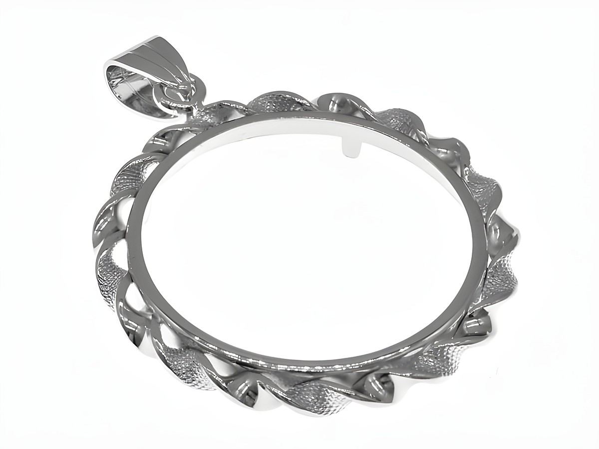 Münzfassung Anhänger aus 925 Sterling Silber rhodiniert, geeignet für Münzen mit bis zu 28 mm Durchmesser, elegant verarbeitet mit einer dekorativen Kordel.