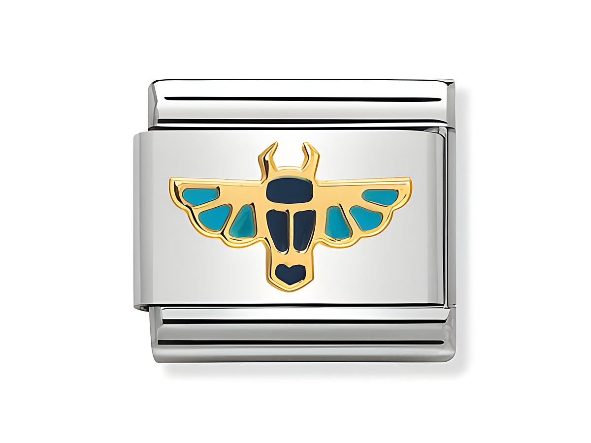 Classic Skarabäus mit Ländersymbol aus Emaille von Nomination. Der Anhänger zeigt ein detailliertes Design in Gold- und Blautönen auf einer silbernen Basis.