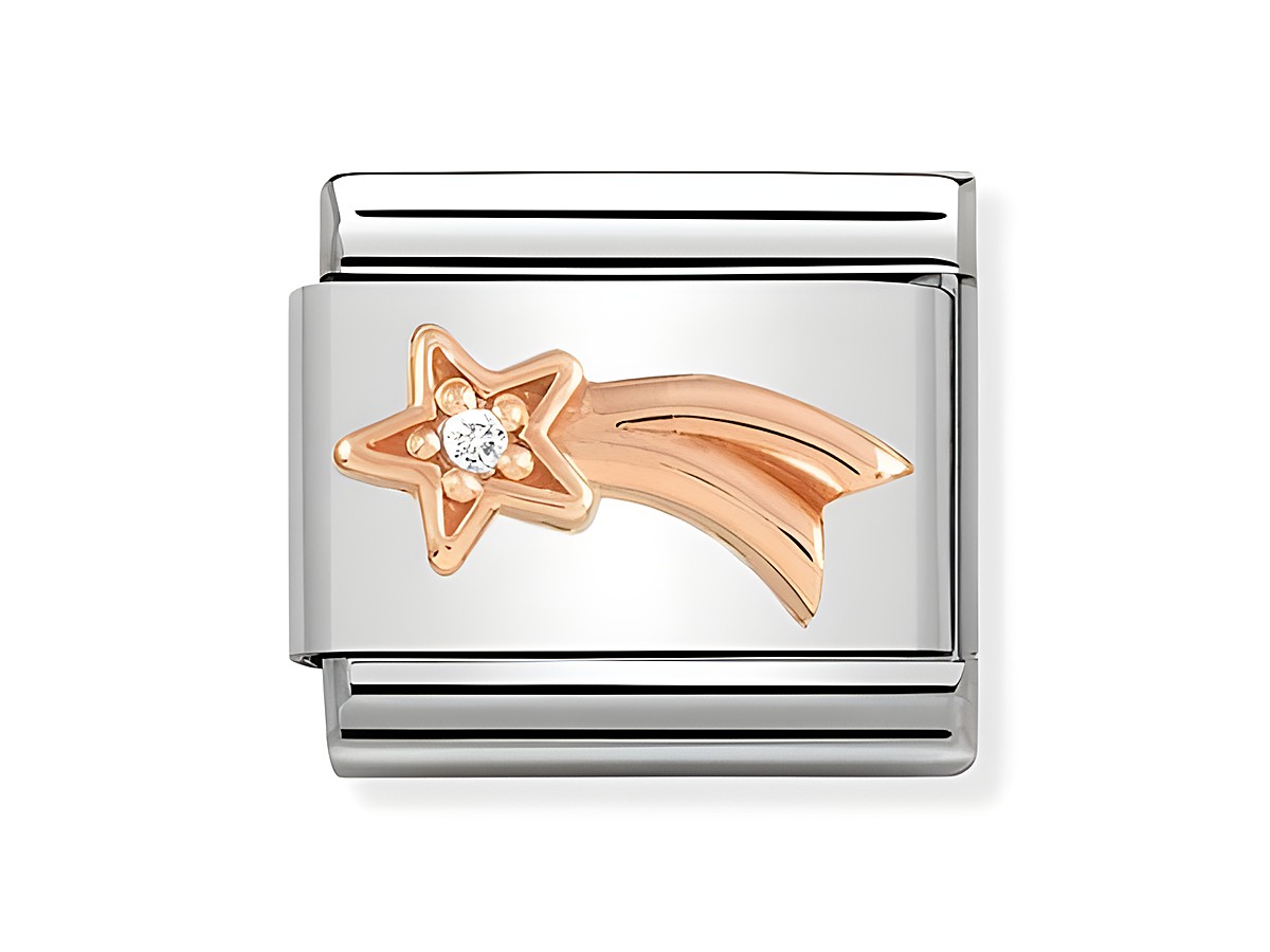 Das Bild zeigt das Kometen-Symbol von Nomination, gefertigt aus Edelstahl und Roségold mit einem Zirkonia, das eine elegante und funkelnde Darstellung eines Kometen zeigt.