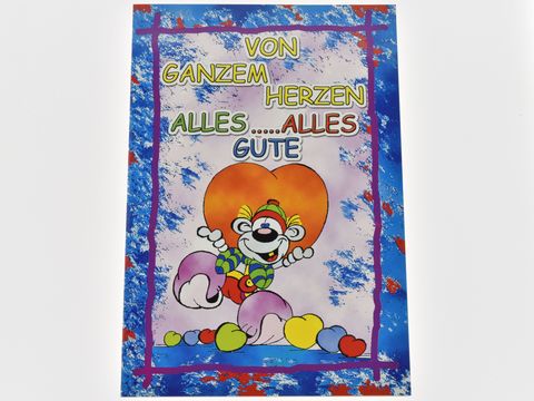 Lümmel-Figur mit Herzen in bunten Farben, auf einem blauen Hintergrund. Text: Von ganzem Herzen alles... alles Gute. Hersteller Juwelier Harnisch, Grußkarten.
