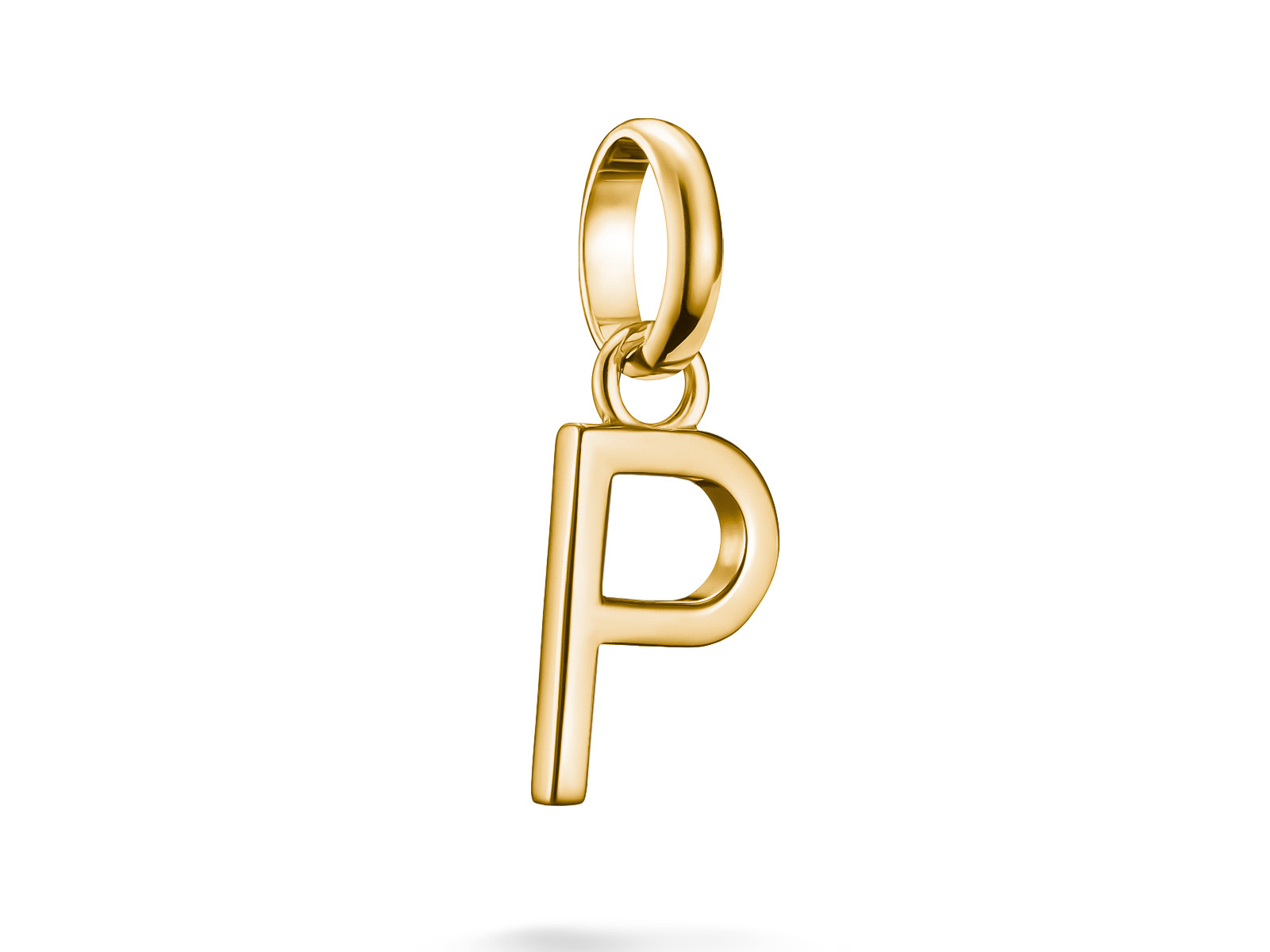Silberner Charm mit einer großen, stilisierten Buchstaben P in Gelbgold-Vergoldung und einer Öse, ideal für das Thomas Sabo Charm Club CONNECT.