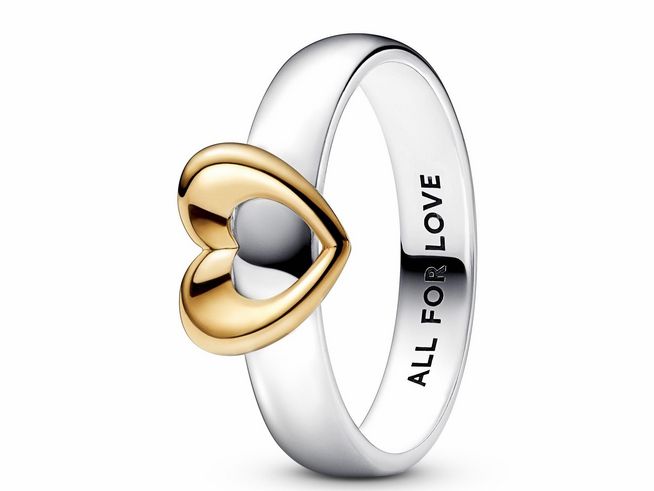 Pandora Ring 162504C00-50 mit verschiebarem Herzen aus Silber und Gelbgold Vergoldung in Größe 50, Hersteller Pandora, verziert mit dem Schriftzug ALL FOR LOVE.