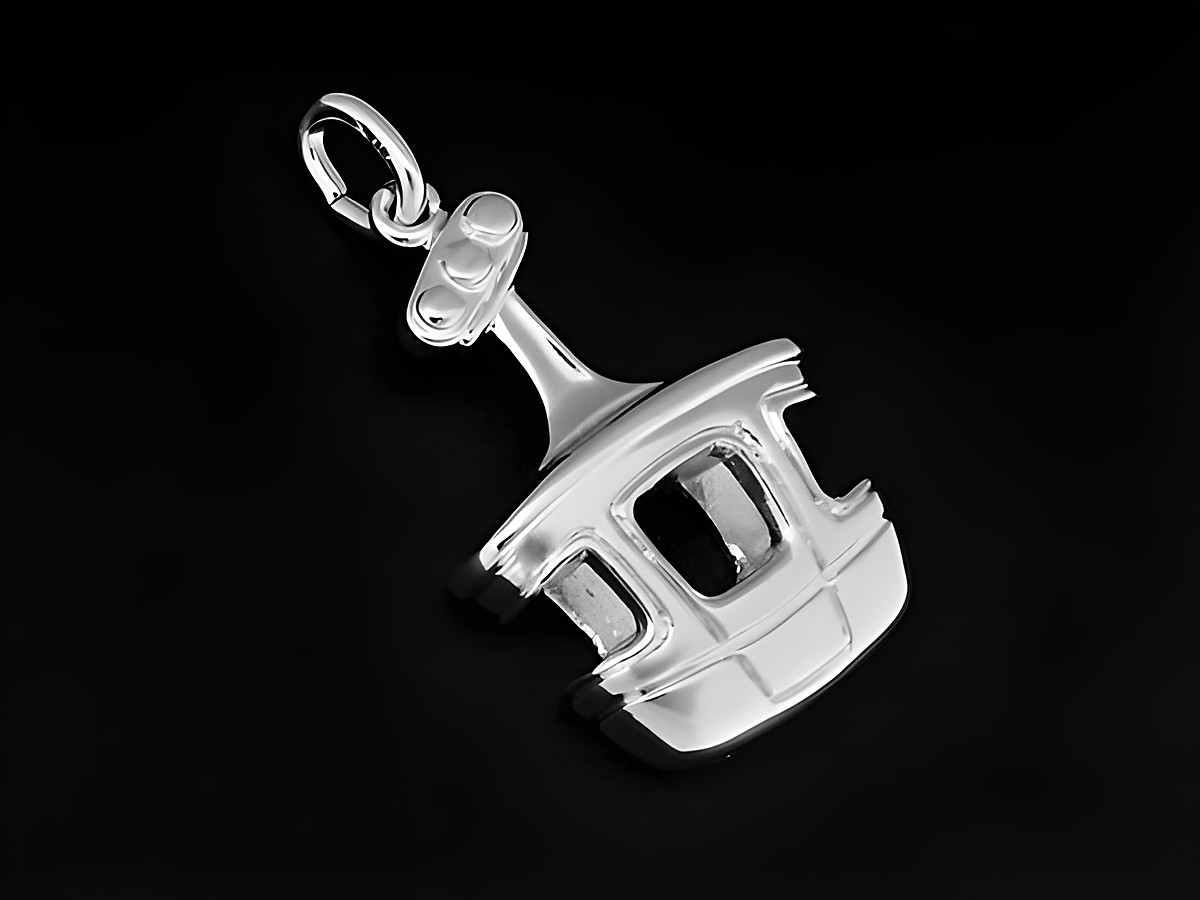 Silber Anhänger in Form einer Gondel, gefertigt aus 925 Sterling Silber, rhodiniert. Hersteller ist Juwelier Harnisch. Ideal für Liebhaber von Seilbahnen und diversen Motiven.