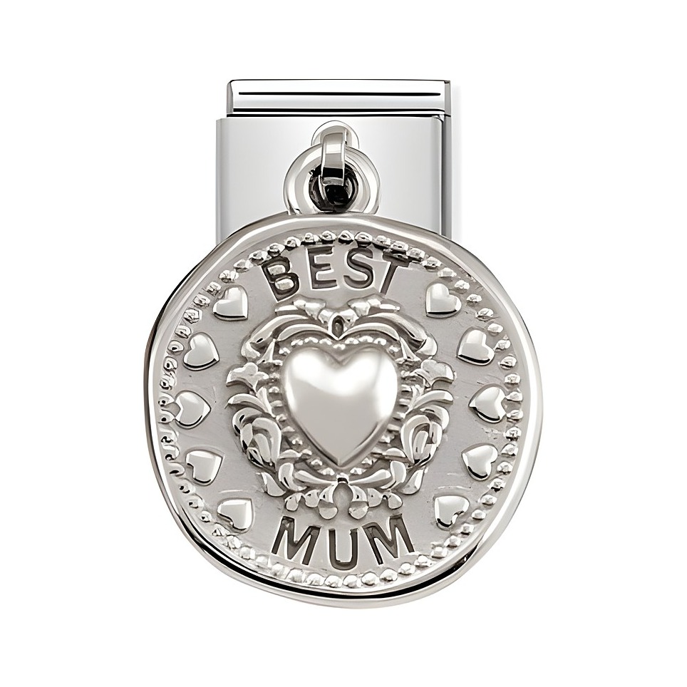Silberner Anhänger von Nomination mit der Gravur BEST MUM und einem Herzmotiv, umgeben von kleinen Herzen, aus der Serie Silver Shine Wishes, Modellnummer 331804 12.