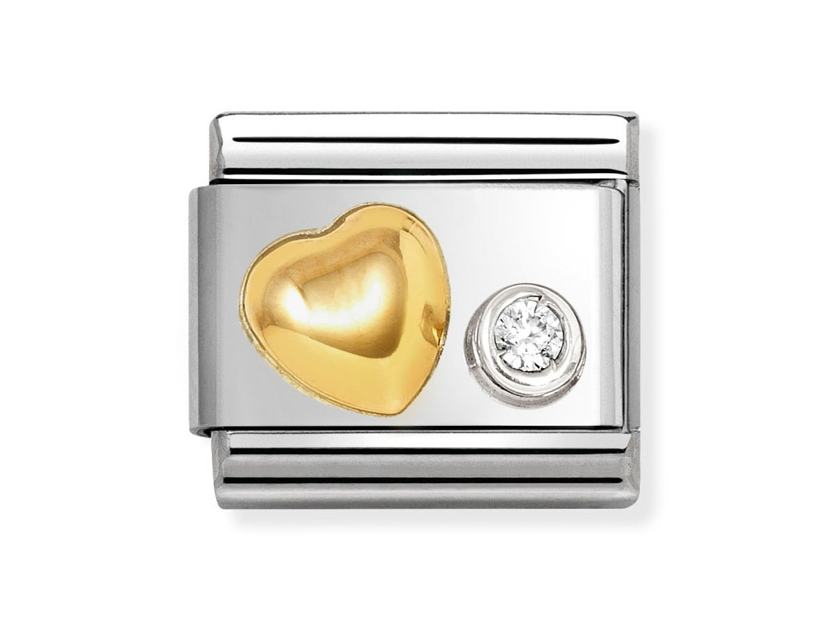 Ein charmantes Element von Nomination im Classic Stil, bestehend aus 585ern Gelbgold in Form eines gewölbten Herzens und einem weißen Zirkonia, eingefasst in Sterling Silber, ideal für Armbänder.