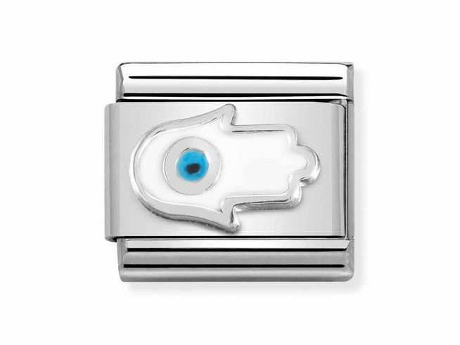 Silberner Edelstahl Anhänger mit dem Motiv der Hand der Fatima und einem blauen Auge, Hersteller Nomination, Modell 330204 26, für stilvolle Schmuckstücke.