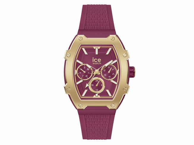 Die Ice Watch Uhr 022868 ICE boliday Gold Burgundy Small zeigt ein quadratisches Gehäuse in burgunderrot mit goldenen Akzenten und einem strukturierten Armband.