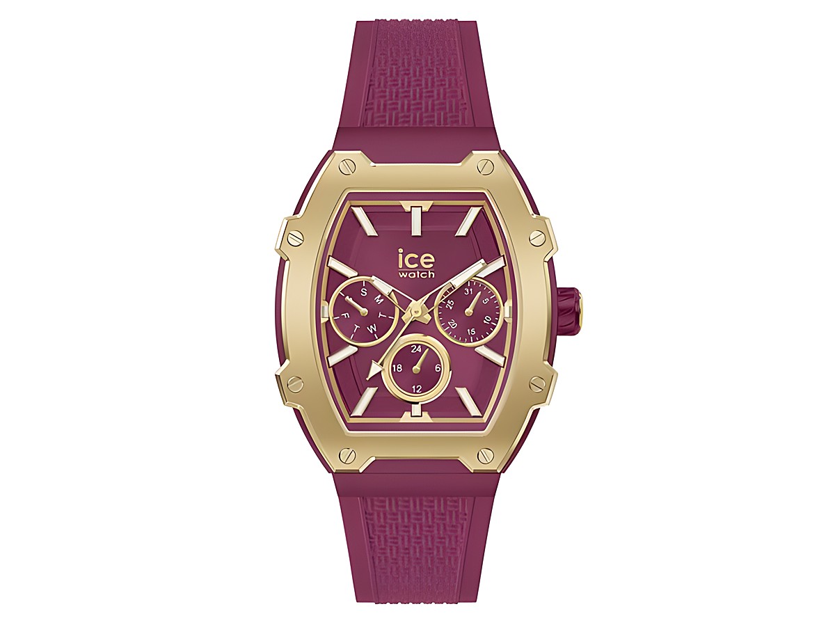 Die Ice Watch Uhr 022868 ICE boliday Gold Burgundy Small zeigt ein quadratisches Gehäuse in burgunderrot mit goldenen Akzenten und einem strukturierten Armband.