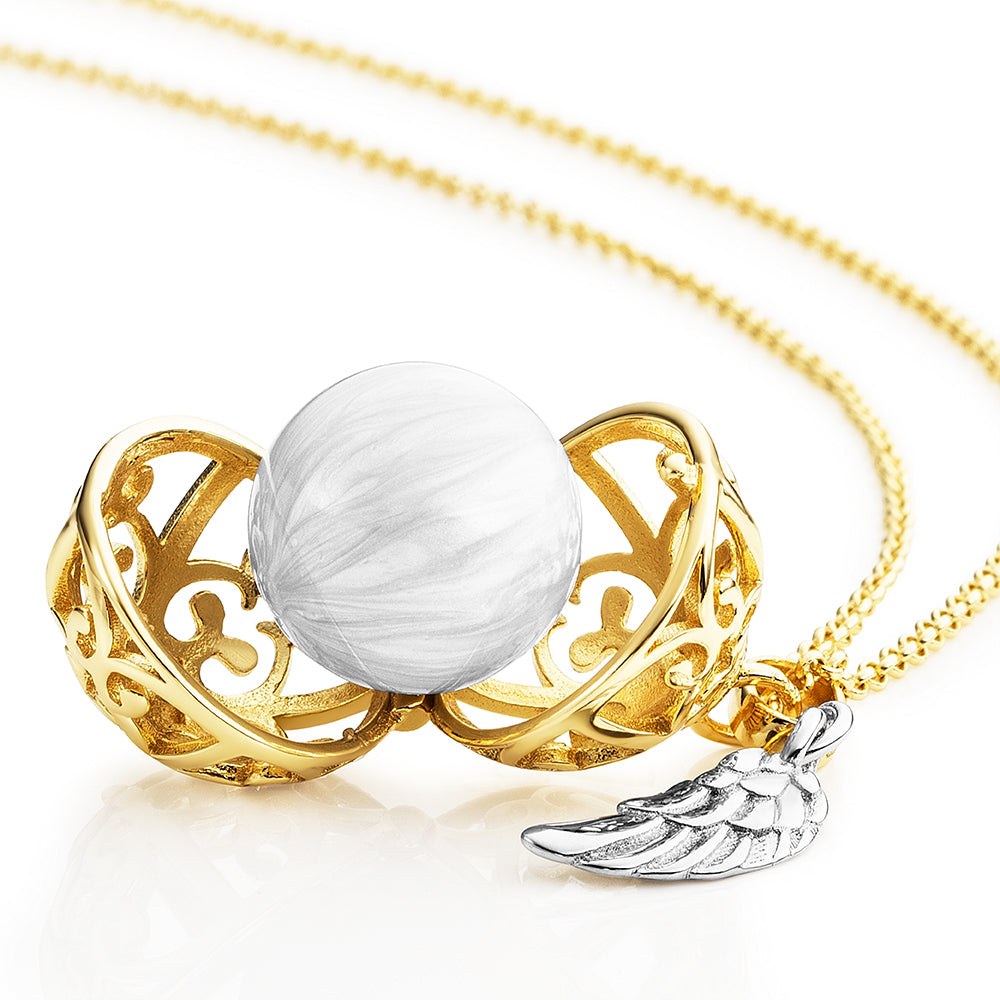 Engelsrufer 45 cm Kette mit Flügel & Klangkugel Anhänger - Gelbgold vergoldet auf Silber Perlmutt - Weiß Gr. XS – Ansicht 5