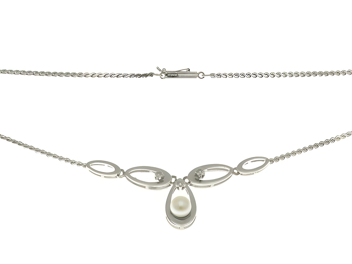Collierkette mit Mittelteil aus 585 Weißgold, verziert mit einer Zuchtperle und einem Brillant, Länge 46 cm, Hersteller Juwelier Harnisch, elegantes Design für besondere Anlässe.