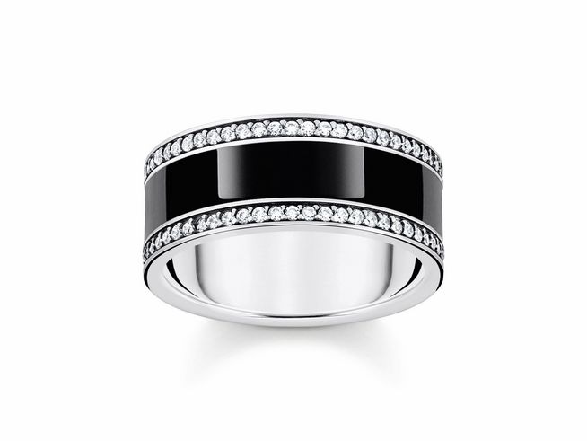 Thomas Sabo Ring TR2446-691-11-56 aus Silber mit schwarzer Emaille und Zirkonia, Größe 56, elegante Bandform mit glanzvollem Design und funkelnden Steinen.