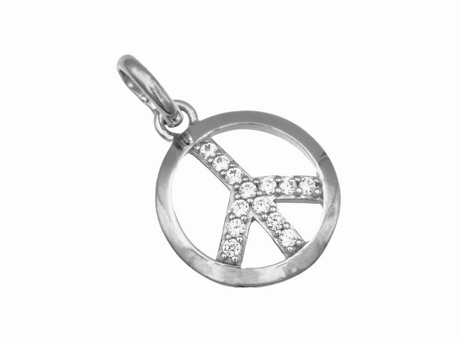 Anhänger mit Peace Symbol aus rhodiniertem Sterling Silber, besetzt mit Zirkonia, feines Schmuckstück des Herstellers Juwelier Harnisch. Ideal für Mode- und Friedensliebhaber.