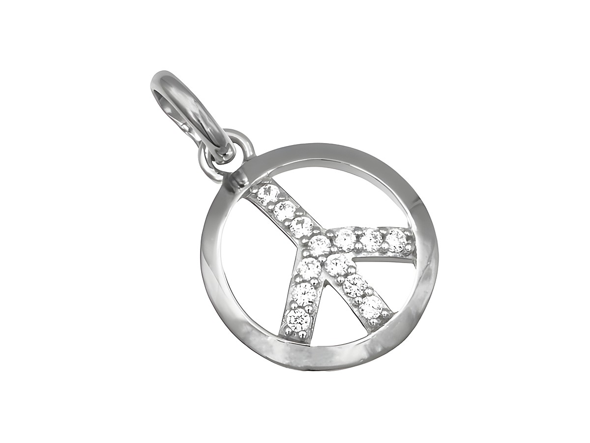 Anhänger mit Peace Symbol aus rhodiniertem Sterling Silber, besetzt mit Zirkonia, feines Schmuckstück des Herstellers Juwelier Harnisch. Ideal für Mode- und Friedensliebhaber.