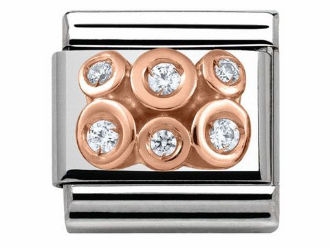 Edelstahl und Roségold Charm mit sechs funkelnden CZ Steinen in Pavé Technik, modernes Design für Schmuck von Nomination, ideal für persönliche Armbänder.