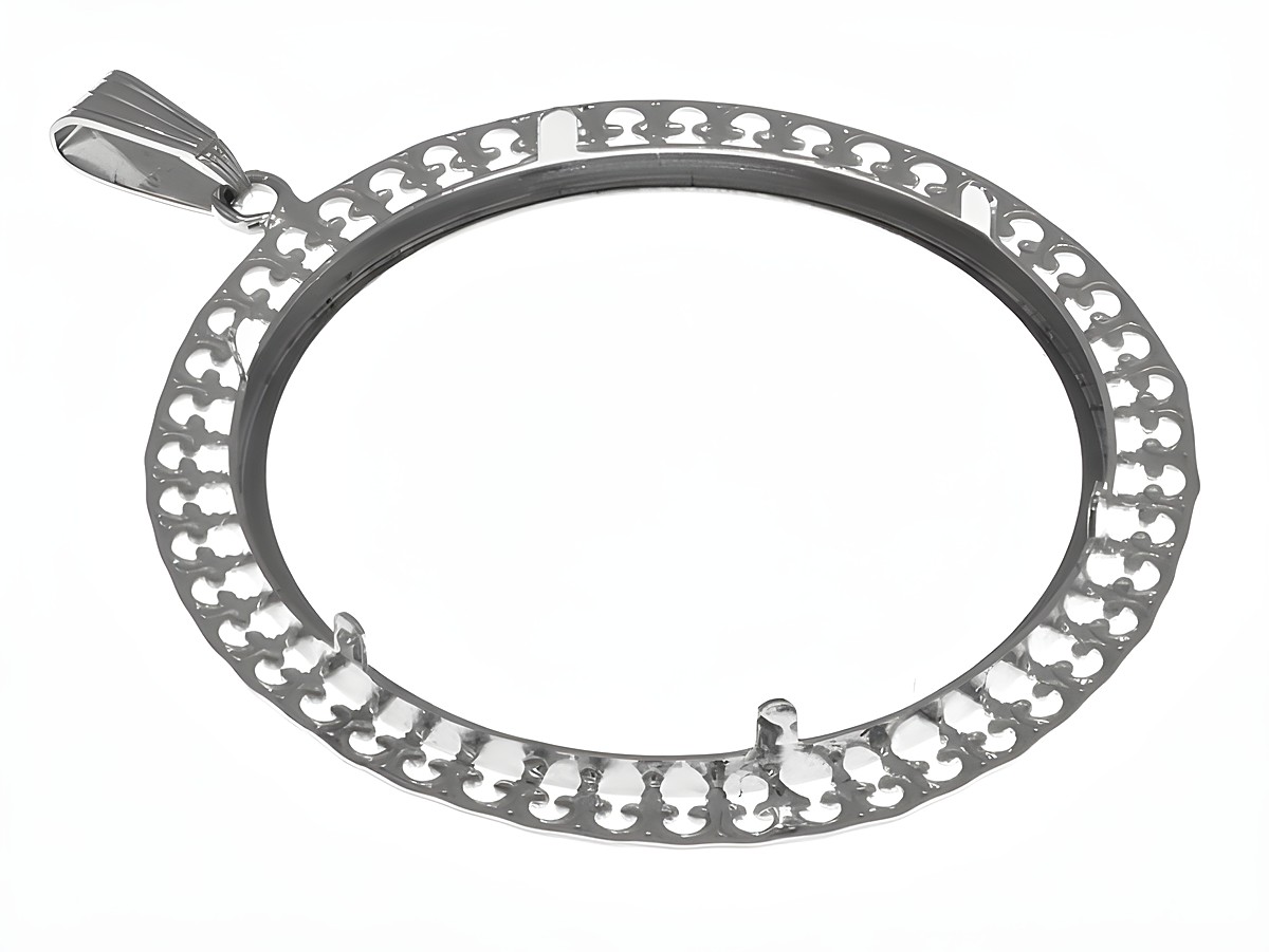 Münzfassung Anhänger mit Rankenmuster, Durchmesser bis 40 mm, aus echtem Silber rhodiniert, Hersteller Juwelier Harnisch, geeignet für Münzen bis 4,0 cm. – Ansicht 2