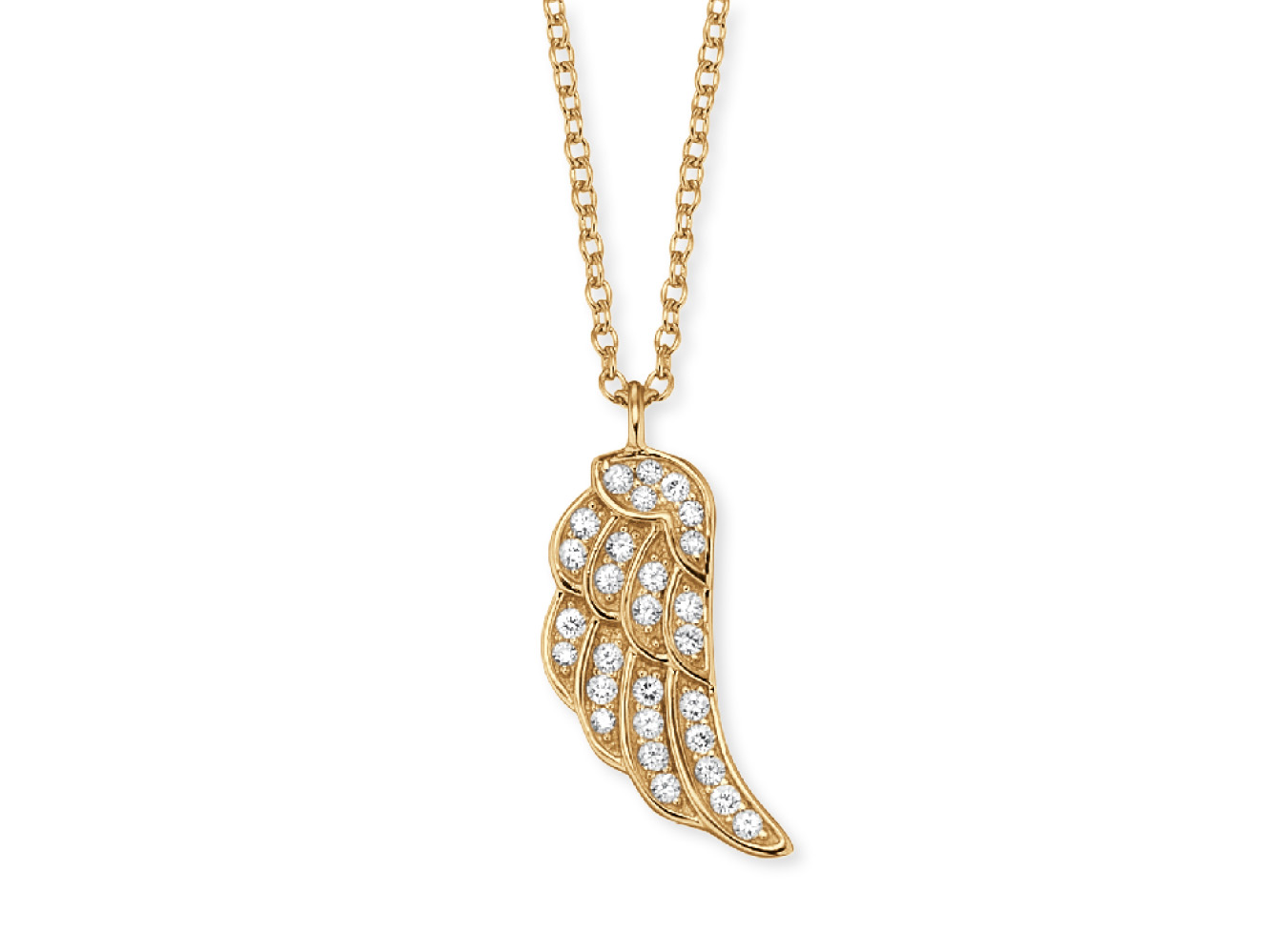 Die Kette zeigt einen Anhänger in Form eines Flügels, verziert mit funkelnden Zirkonia-Steinen, gefertigt aus gelbgoldvergoldetem Silber, an einer zarten Gliederkette von 40 cm Länge.