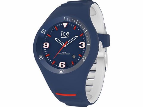 Elegante Armbanduhr in dunkelblau mit rotem Akzent, hergestellt von Ice watch. Wasserdicht bis 100 Meter, modernes Design mit klar ablesbarem Ziffernblatt und robustem Gehäuse.