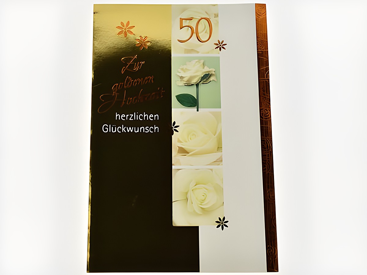 Hochzeitskarte mit goldener Schimmer-Oberfläche, darauf abgebildete weiße Rosen und der Text zur goldenen Hochzeit mit herzlichem Glückwunsch, Hersteller Juwelier Harnisch, Hochzeitskarten.