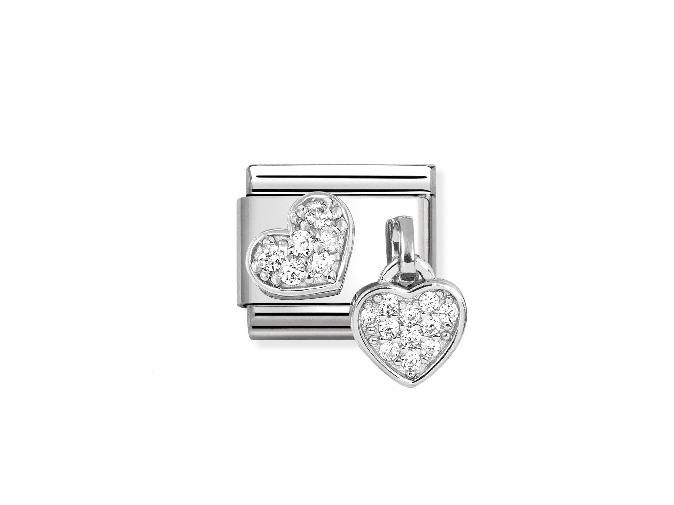Charm Anhänger aus Sterling Silber in Herzform, verziert mit Zirkonia im Pavé-Stil, von der Marke Nomination, neu und ansprechend gestaltet.