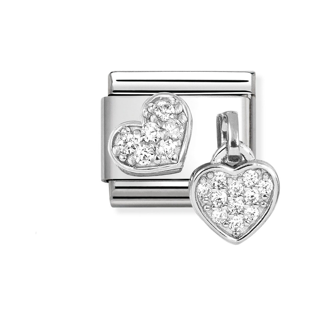 Charm Anhänger aus Sterling Silber in Herzform, verziert mit Zirkonia im Pavé-Stil, von der Marke Nomination, neu und ansprechend gestaltet.