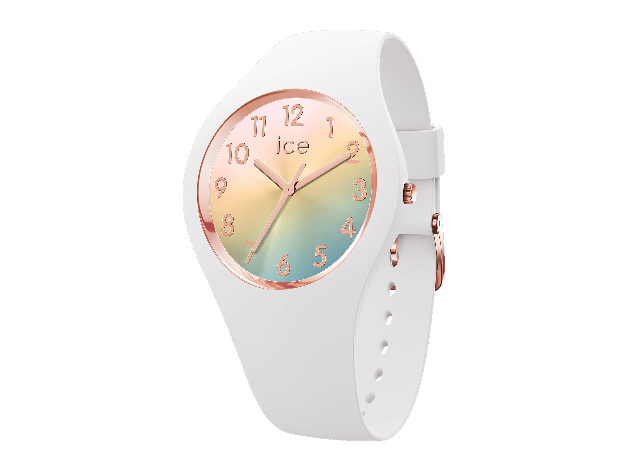 Ice Watch 024523 ICE sunset in Weiß mit einem bunten Ziffernblatt in sanften Farben und roségoldenen Zeigern, modern und stilvoll für den Alltag, ideal für modebewusste Träger.