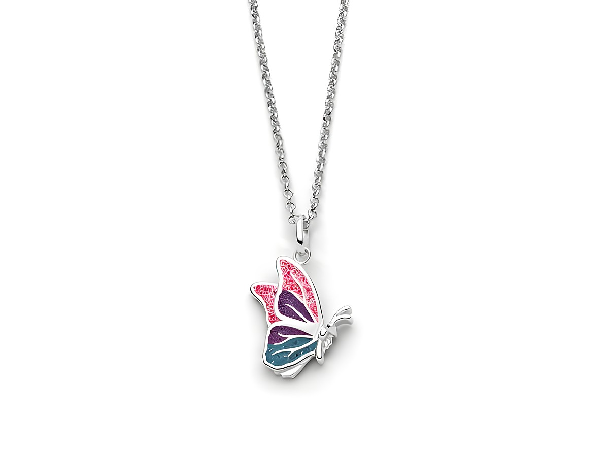 DUR Butterfly K2875 aus rhodiniertem Sterling Silber mit einem bunten Schmetterling-Anhänger in rosa, lila und blau, 45 cm lange Kette von DUR.