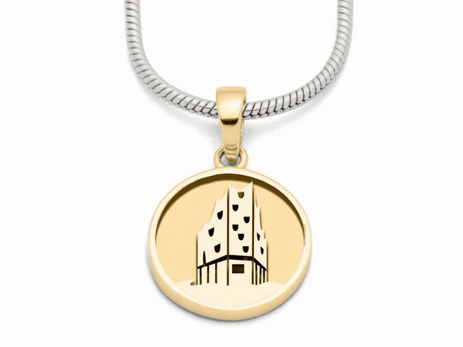 Anhänger aus Sterling Silber mit Gelbgold Vergoldung, zeigt die Silhouette der Elbphilharmonie in Hamburg, schlicht und elegant gestaltet, perfekt für jeden Anlass.
