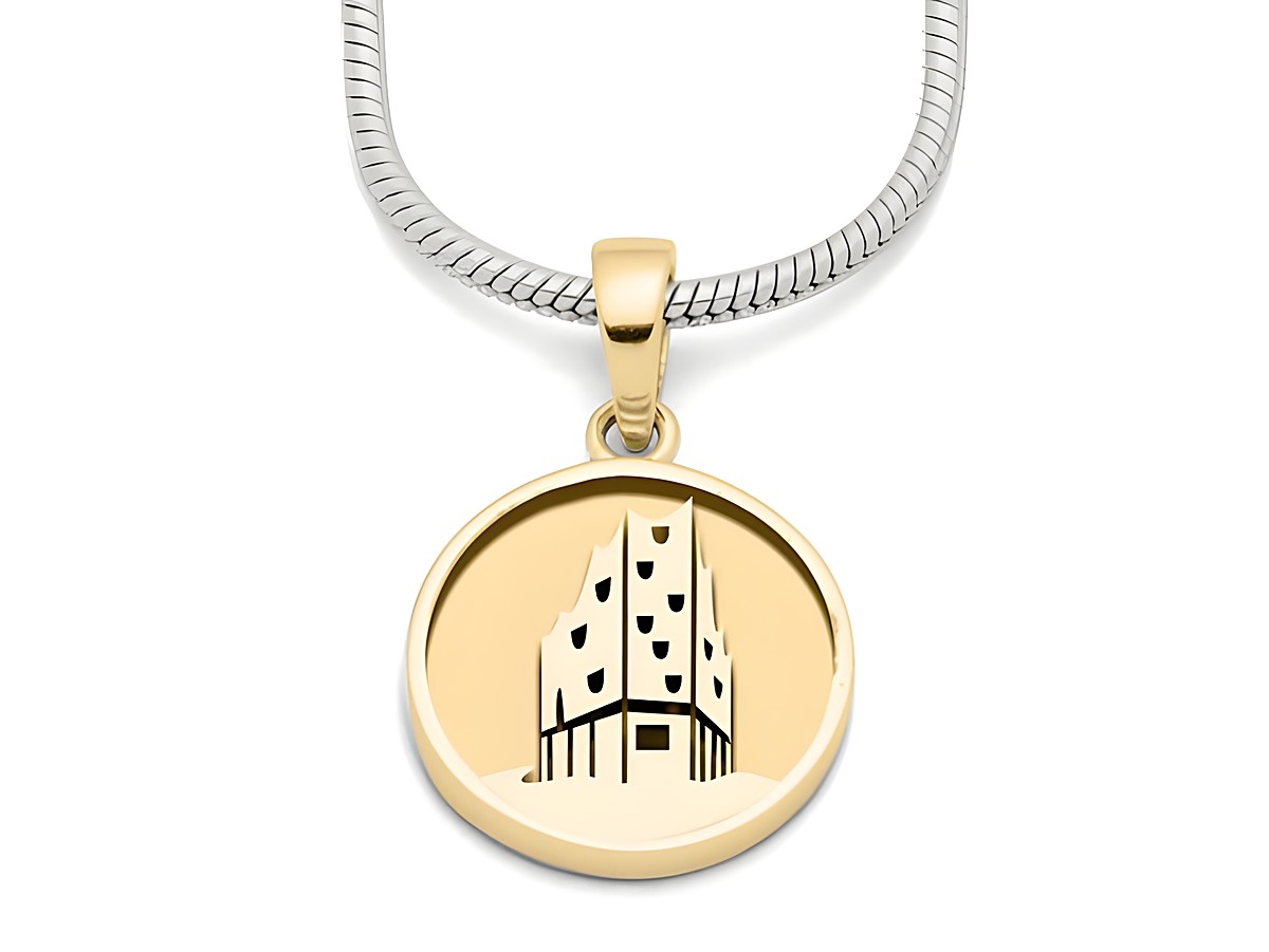 Anhänger aus Sterling Silber mit Gelbgold Vergoldung, zeigt die Silhouette der Elbphilharmonie in Hamburg, schlicht und elegant gestaltet, perfekt für jeden Anlass.