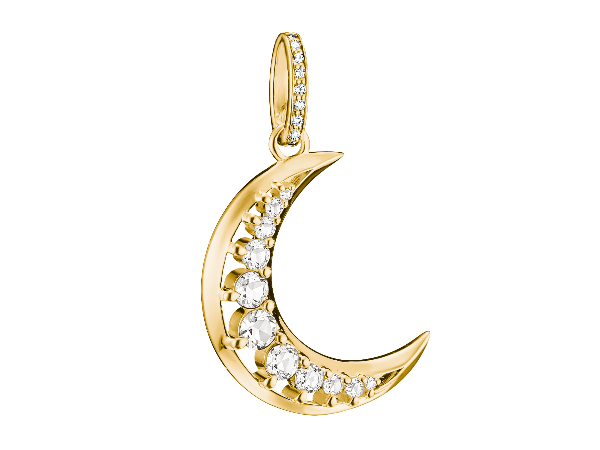 Thomas Sabo Midnight Sky Anhänger in Form eines Mondes aus 18k gelbgoldvergoldetem Material mit funkelnden Zirkonia-Steinen, perfekt für stilvolle Akzente.