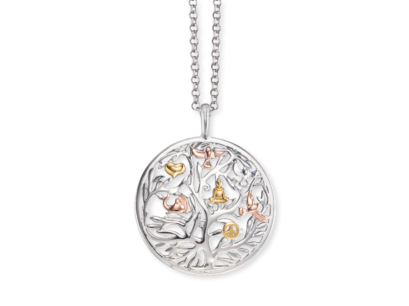 Engelsrufer ERN-TREE-TRICO LEBENSBAUM Kette Tricolor - 21 mm 45cm Kette mit Anhänger in Form eines Lebensbaums aus Edelstahl, verziert mit in verschiedenen Farben gehaltenen Symbolen wie Herz, Frieden und Buddha, auf einem feinen Kettenband.