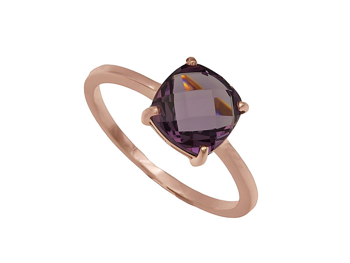Ein eleganter Ring mit einem violetten Kissenschliff und einer Fassung aus roségoldvergoldetem Sterling Silber in Größe 56 von Juwelier Harnisch.