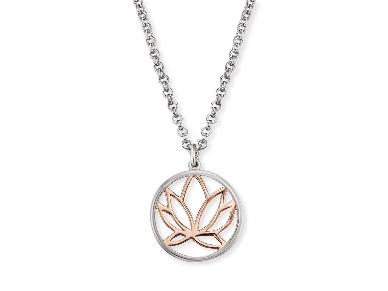 Die Kette zeigt einen Bicolor Anhänger in Form einer Lotusblume aus roségoldvergoldetem Silber, mit einer feinen Gliederkette und einem Durchmesser von 12 mm.