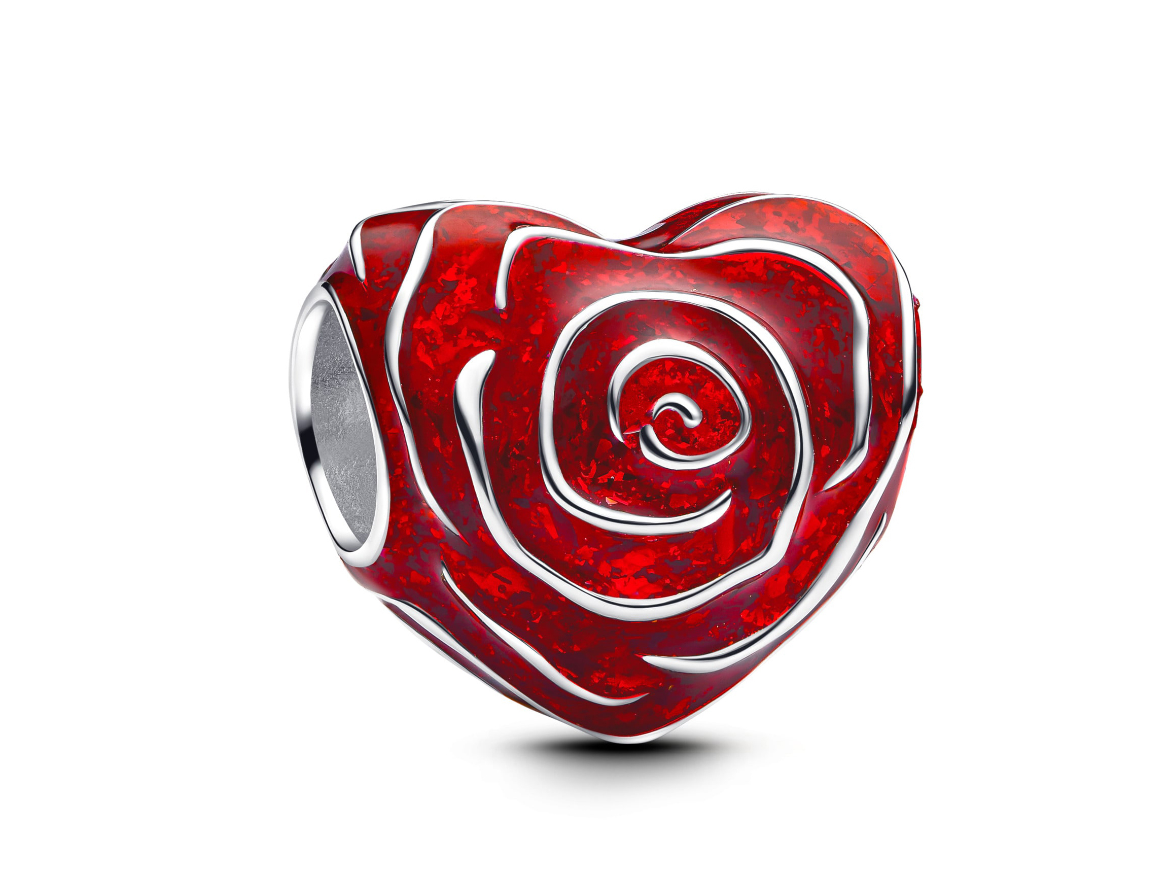 Pandora 793673C01 - Herz Rose - Charm aus Silber & roter Emaille Ein Herz aus Silber mit roter Emaille und einem Rosendesign, glänzend und detailreich, ideal für Schmuckliebhaber und perfekt als charm für Armbänder oder Halsketten.
