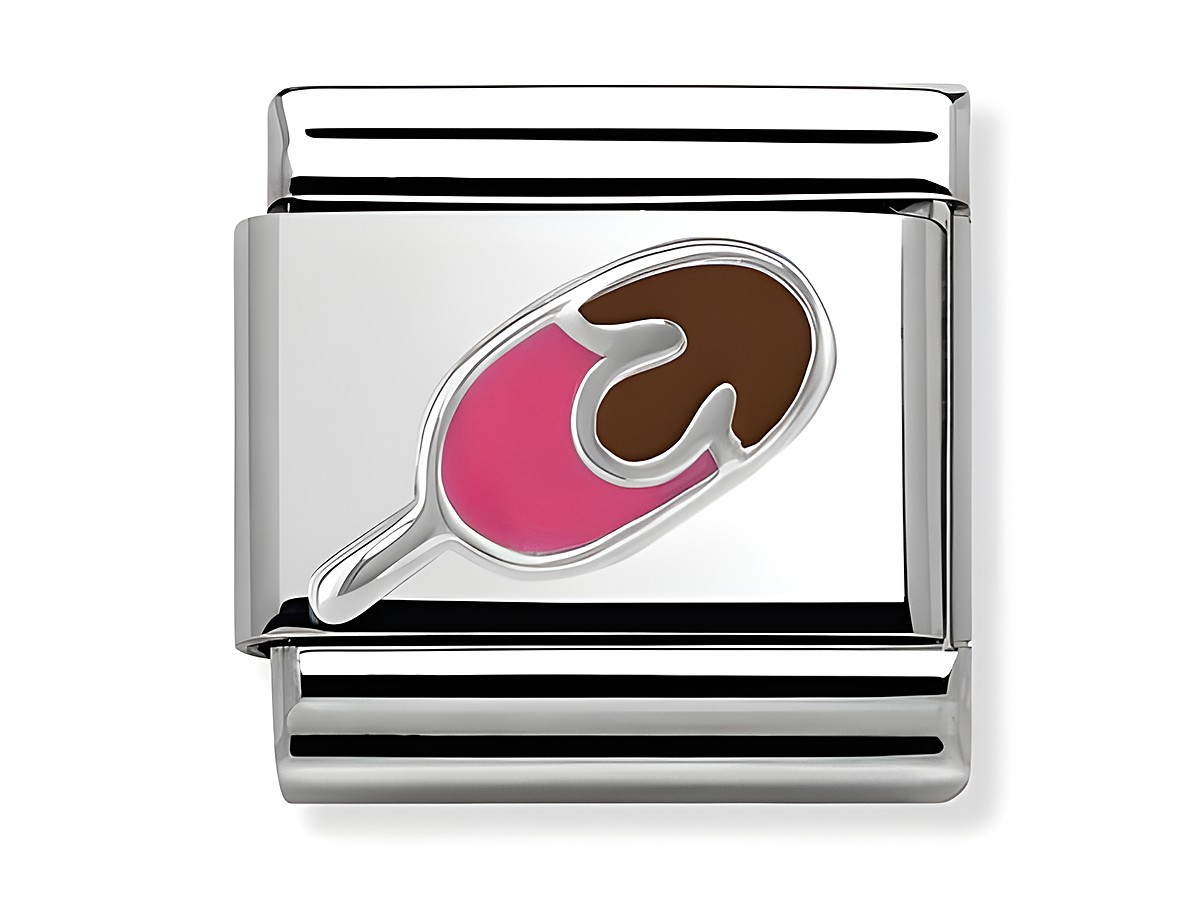 Ein silberner Charm aus Emaille mit einem bunten Eis am Stiel Motiv, in Pink und Braun, von Nomination Classic - Silvershine SYMBOLE - Eis, Modellnummer 330202 25.