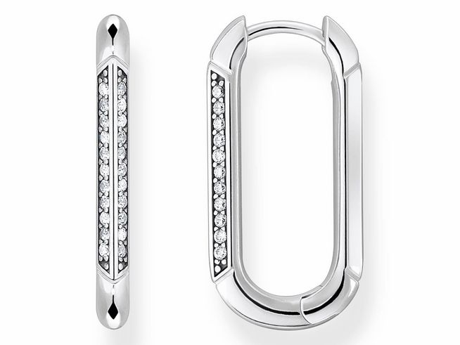 56970306-0 Die Thomas Sabo Creolen CR674-643-14 aus Sterling Silber sind geschwungen und verfügen über weiße Zirkonia, die elegant in einem modernen Design angeordnet sind.